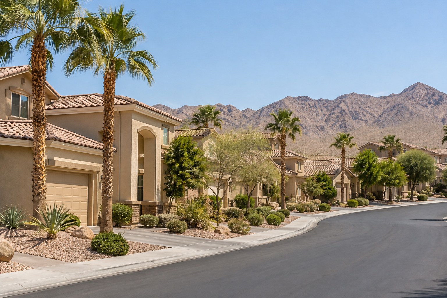 A quiet Las Vegas street of stucco homes with desert landscaping, illustrative