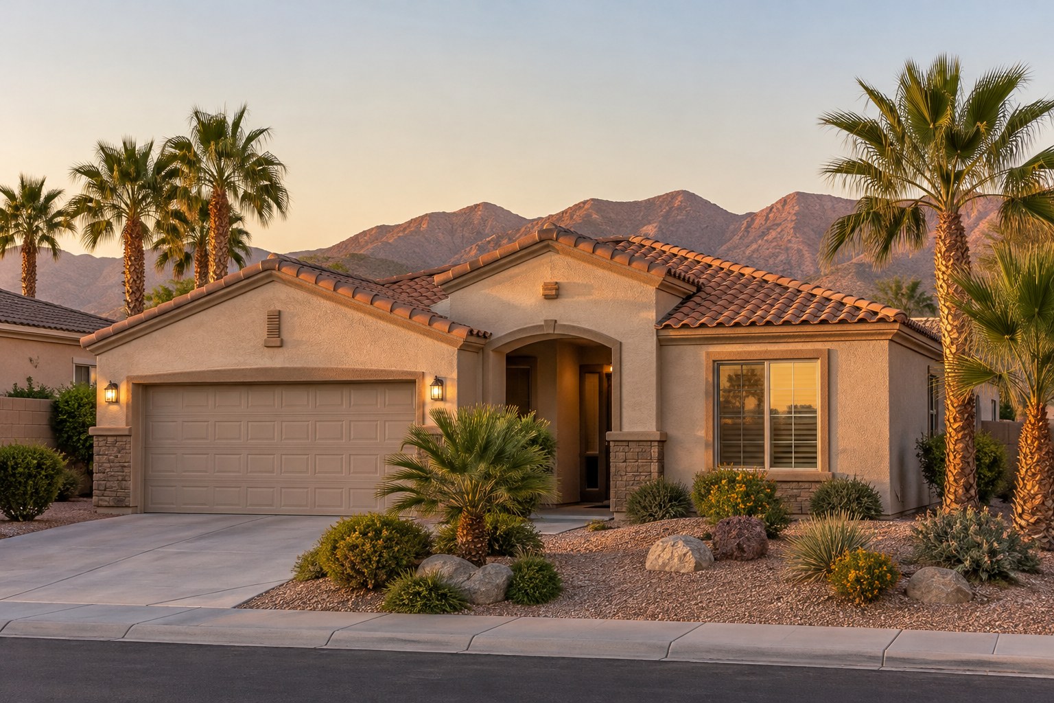 A single story stucco home with desert landscaping in warm evening light, illustrative