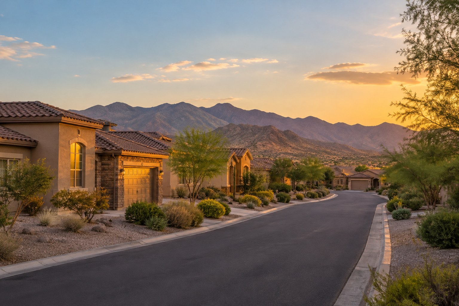 A Nevada street with mature trees, illustrative