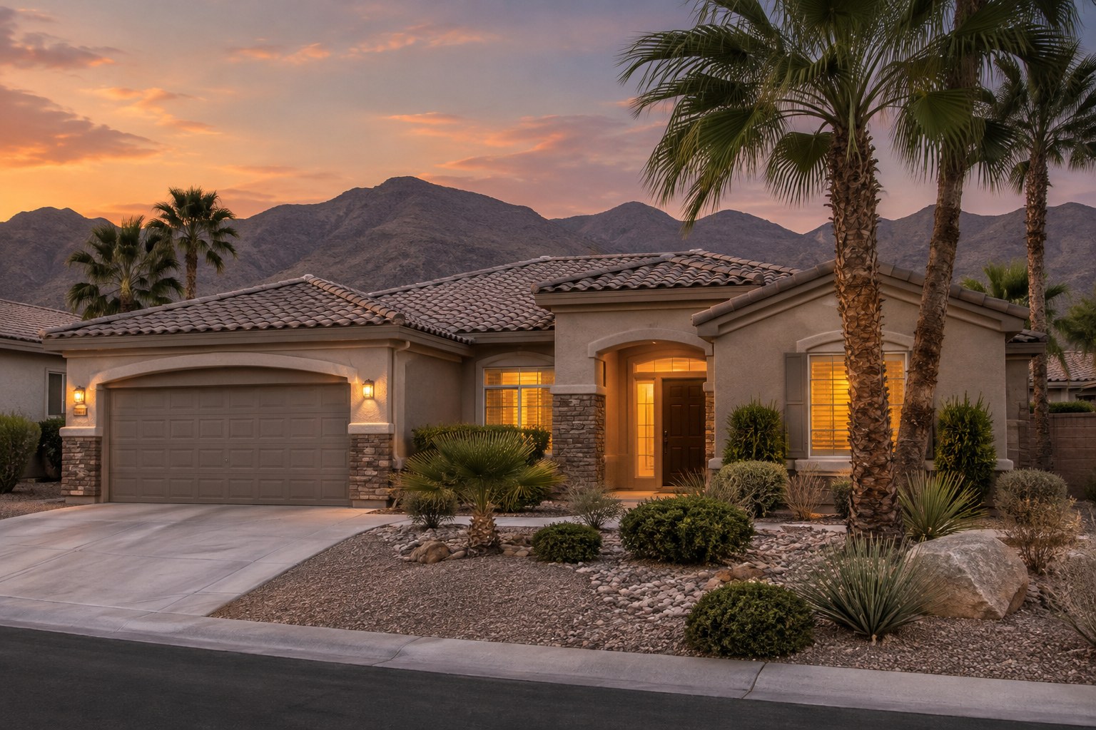 A stucco home at dusk, illustrative