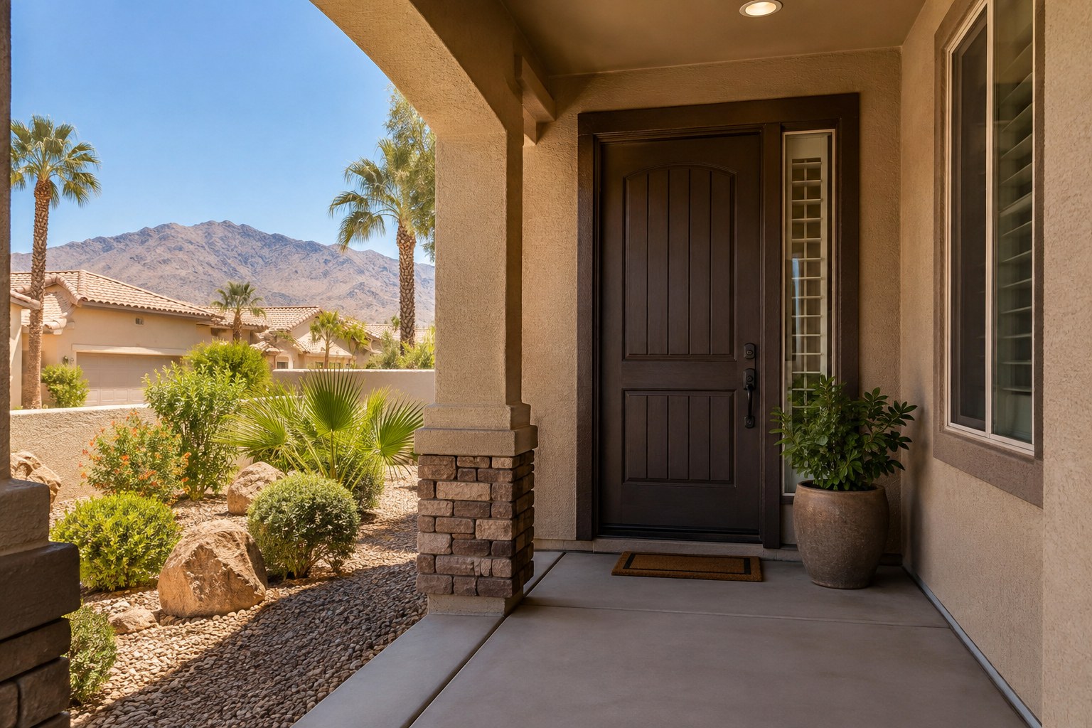A covered front entry of a stucco home, illustrative